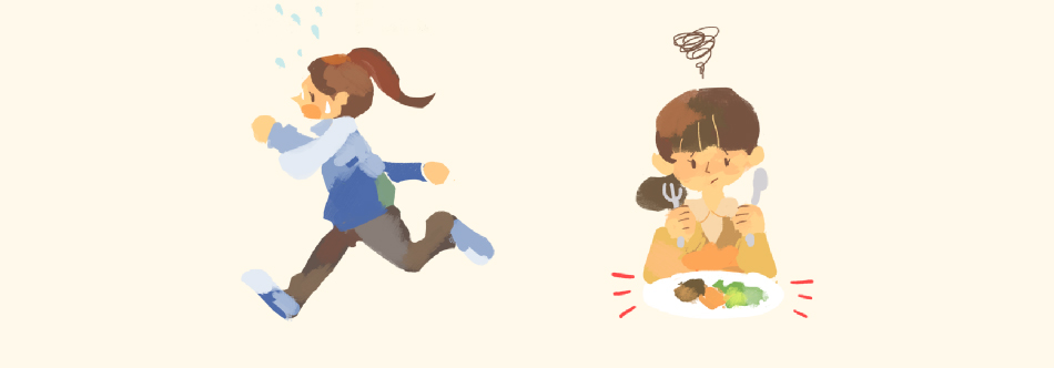 イラスト：ランニング、食事をする女性